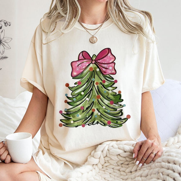 Adorable Holiday Tree T-Shirt, Pink Bow Christmas Tree T-Shirt, Festive Pink Bow Christmas Shirt, Retro Xmas Graphic Tee, Sea