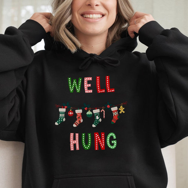 Humorous Innuendo Holiday Hoodie, Well Hung Christmas Hoodie, Naughty Xmas Graphic Hoodie, Adult Humor Winter Sweatshirt, Nov