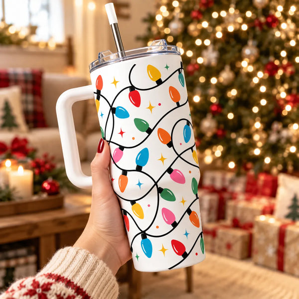 Retro Vintage Bulb 40oz Travel Tumbler, Christmas String Lights Tumbler, Colorful Holiday Insulated Tumbler, Xmas Present for