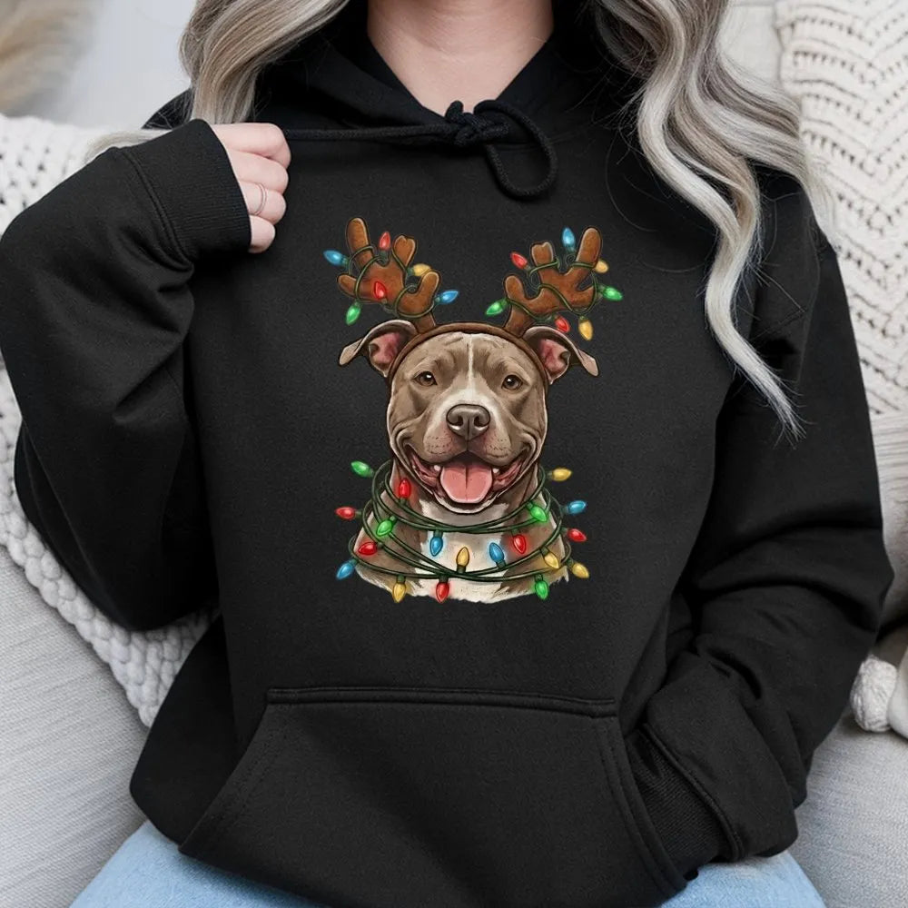 Reindeer Antler Dog Hoodie, Pitbull Christmas Hoodie, Pitbull Holiday Lights Sweatshirt, Festive Dog Mom Pullover, Dog Lover 
