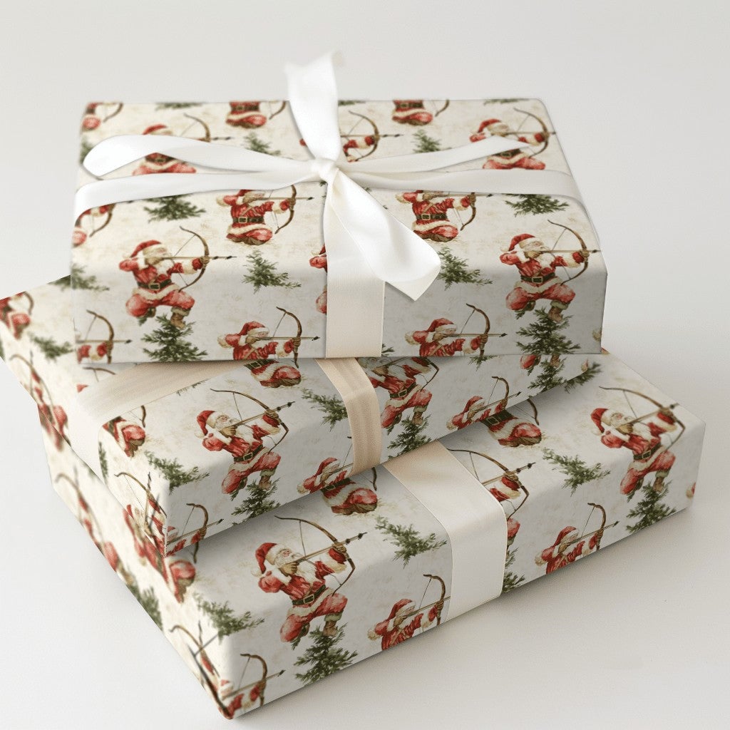 Watercolor Bow and Arrow Santa Gift Wrap, Santa Archer Wrapping Paper, Hunter Santa Christmas Wrapping Paper, Archery Holiday