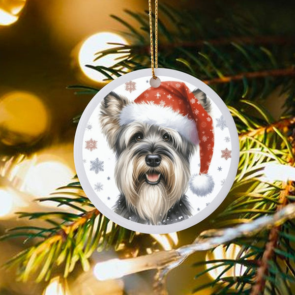 Santa Hat Dog Ornament, Schnauzer Christmas Ornament, Winter Snowflake Pet Ornament, Ceramic Dog Keepsake, Festive Holiday Lo