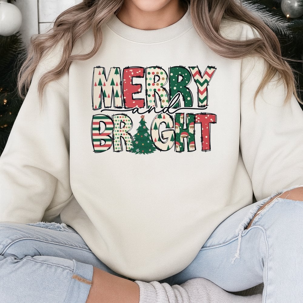 Festive Christmas Tree Sweatshirt, Merry and Bright Sweatshirt, Retro Holiday Season Crewneck, Adorable Winter Holiday Graphi