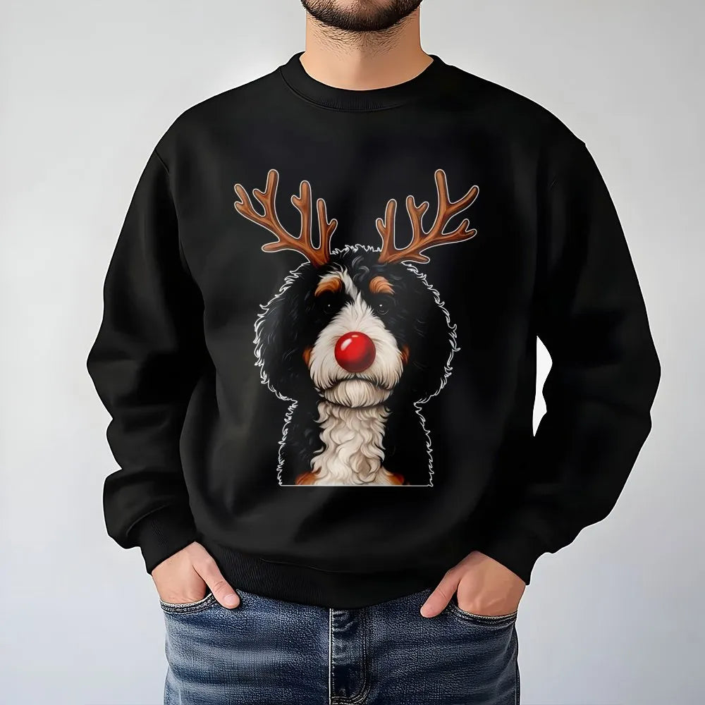 Humorous Reindeer Dog Sweatshirt, Bernadoodle Christmas Sweatshirt, Holiday Bernedoodle Crewneck, Comfy Dog Lover Xmas Graphi