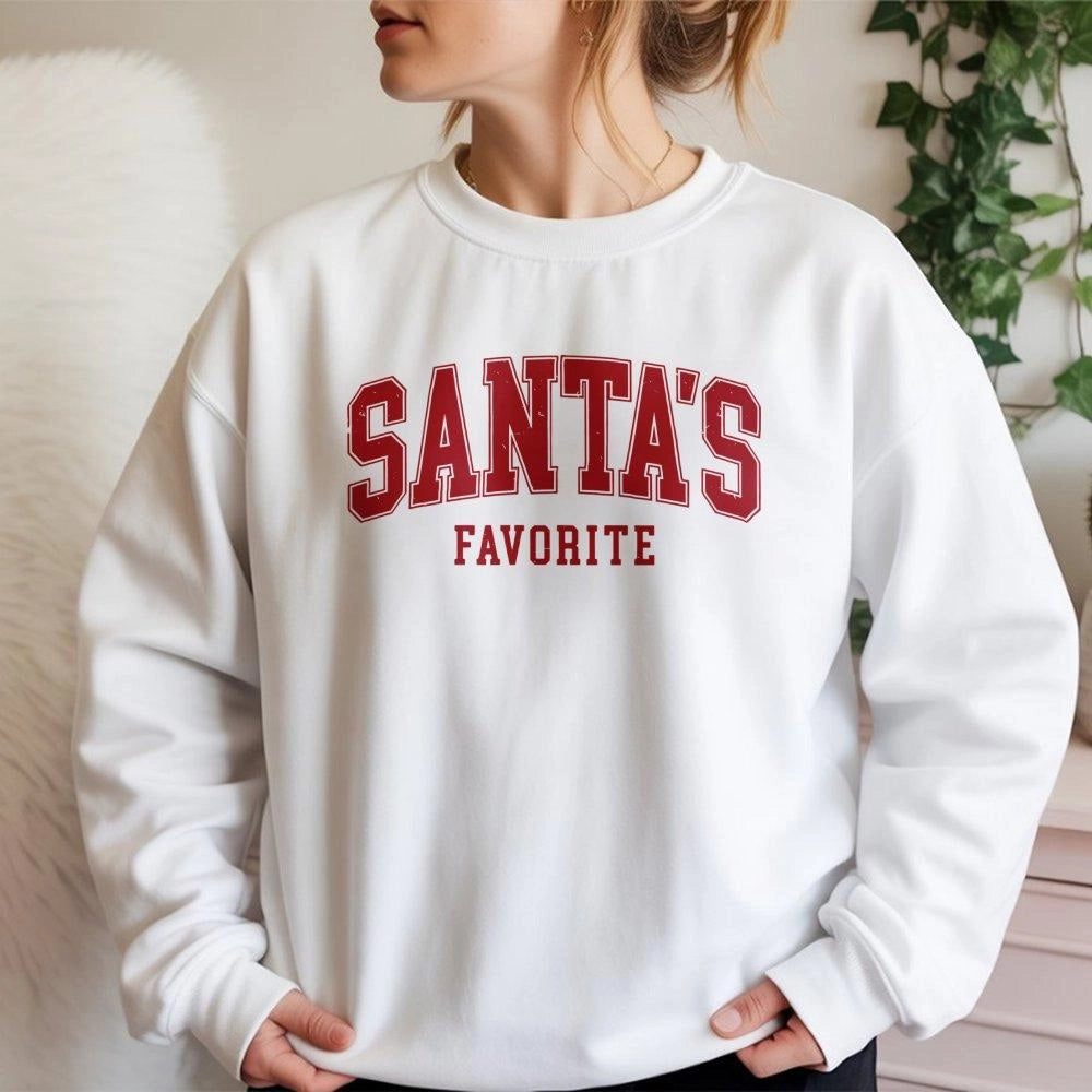 Retro Varsity Christmas Lettering Crewneck, Santa's Favorite Sweatshirt, Humorous Santa Claus Holiday Sweater, Comfy Merry Xm