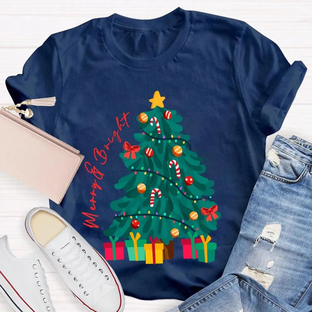 Retro Festive Holiday Graphic Tee, Merry and Bright Christmas Tree T-Shirt, Adorable Xmas Tree Shirt, Winter Holiday Present