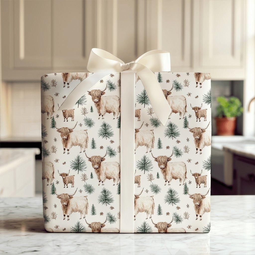 Rustic Winter Calf Gift Wrap, Highland Cow Christmas Wrapping Paper, Farmhouse Pine Tree Wrapping Paper, Watercolor Cow Holid