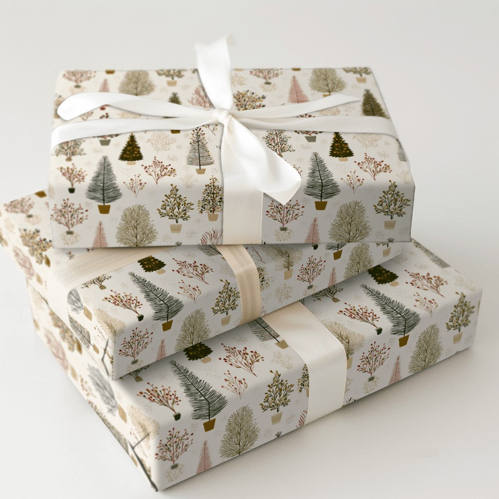 Modern Rustic Pine Gift Wrap, Potted Christmas Tree Wrapping Paper, Minimalist Holiday Gift Wrapping Paper, Festive Winter Pa