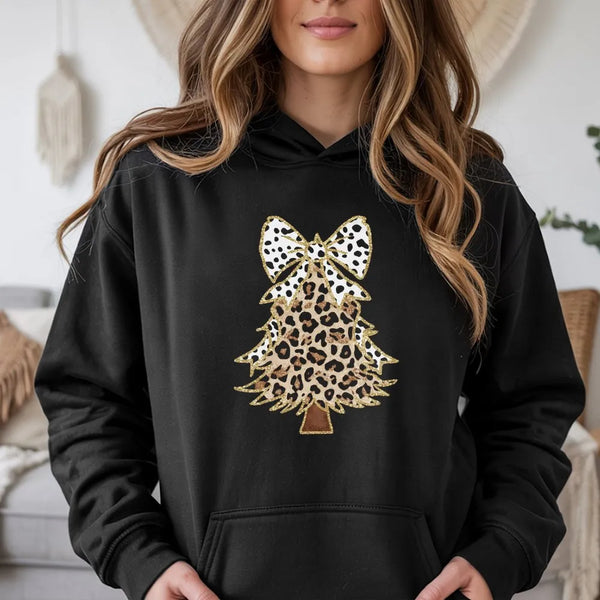 Festive Cheetah Holiday Sweatshirt, Leopard Print Christmas Tree Hoodie, Comfy Winter Tree Pullover, Trendy Xmas Graphic Hood