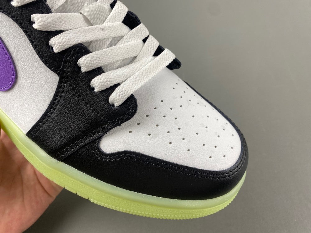 Retro Low Top Sneakers, Neon Green White Black Purple Colorway, Lace Up Design, Casual Gift for Sneaker Fans