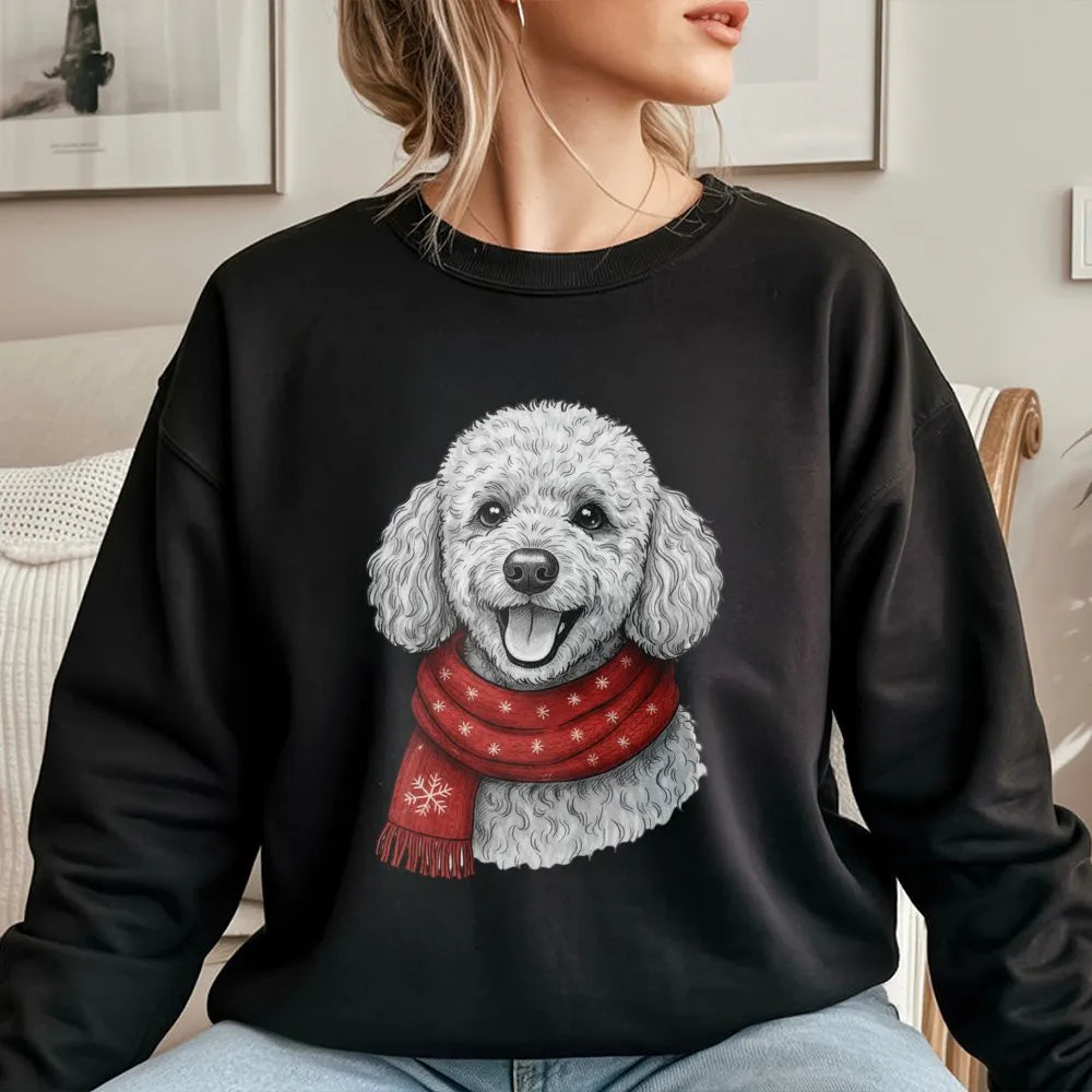 Festive Scarf Poodle Holiday Sweater, Poodle Christmas Sweatshirt, Adorable Winter Poodle Crewneck, Comfy Dog Lover Animal Gr