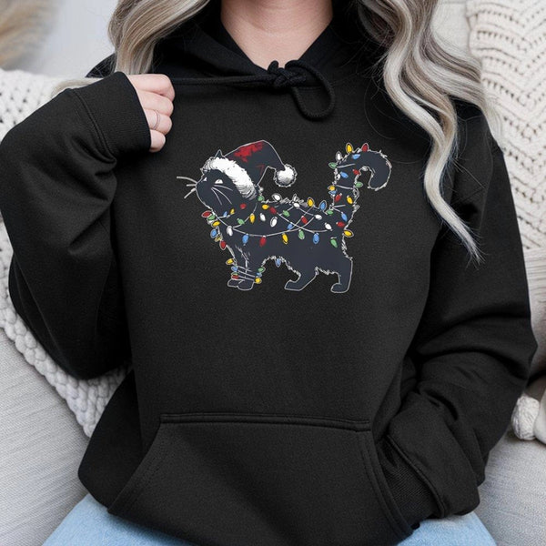 Black Kitten Tangled Holiday Lights Sweatshirt, Christmas Cat Hoodie, Humorous Festive Feline Pullover, Adorable Cat Mom Xmas