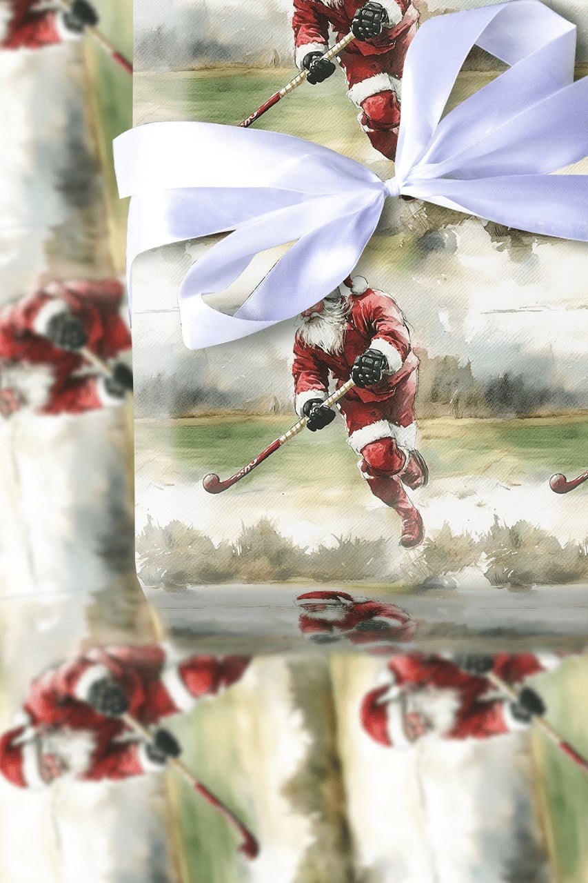 Ice Skating Santa Holiday Gift Wrap, Hockey Santa Christmas Wrapping Paper, Sports Christmas Wrapping Paper, Ice Hockey Playe