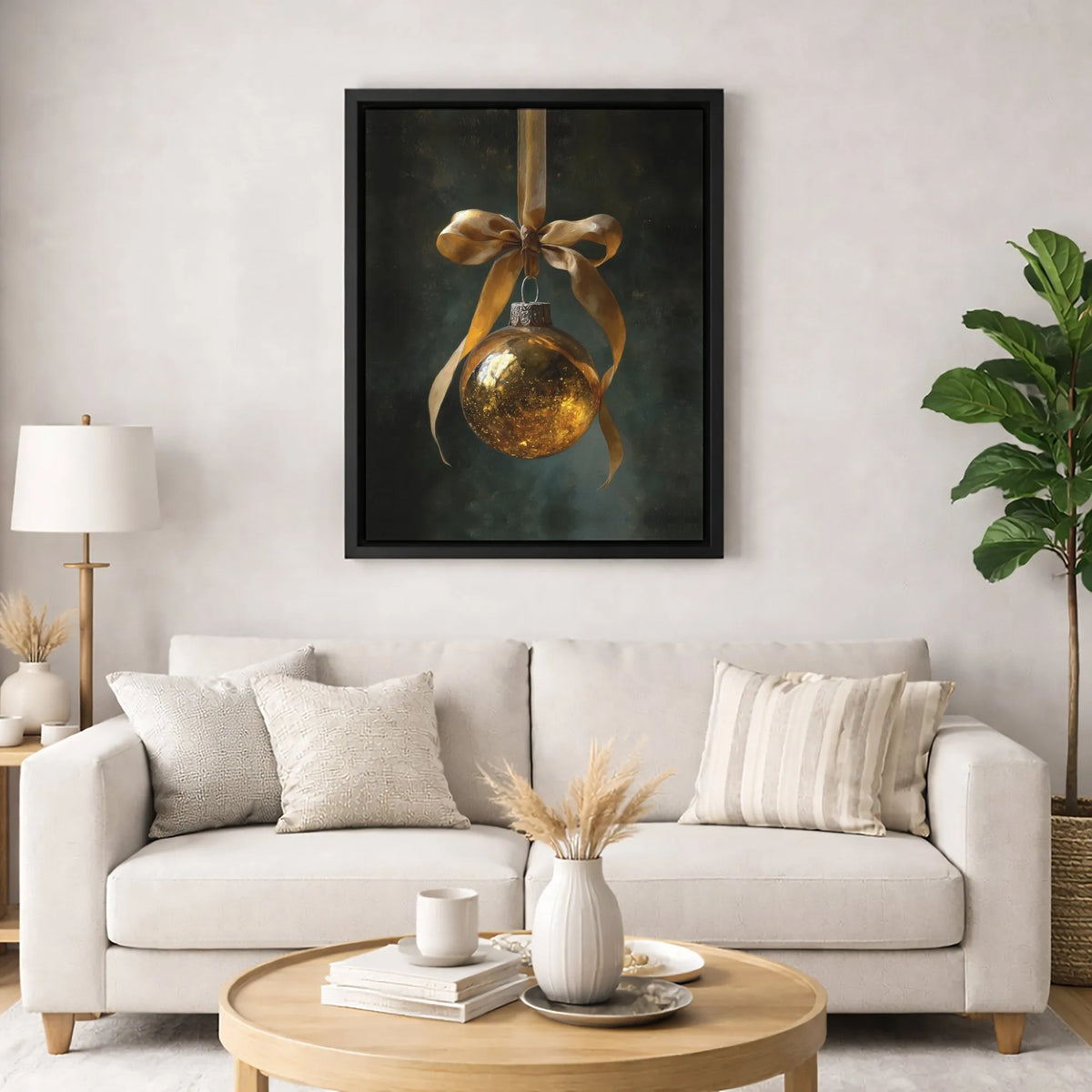 Elegant Holiday Bauble Canvas Print, Gold Christmas Ornament Wall Art, Seasonal Xmas Canvas Art, Winter Canvas Decor, Holiday
