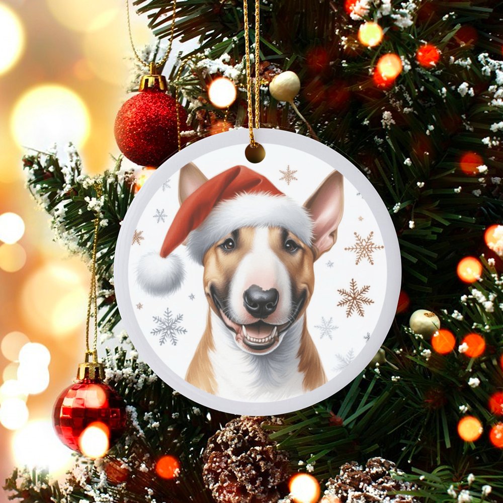 Santa Hat Dog Ornament, Bull Terrier Christmas Ornament, Festive Pet Ceramic Ornament, Holiday Puppy Tree Decor, Dog Lover Ke
