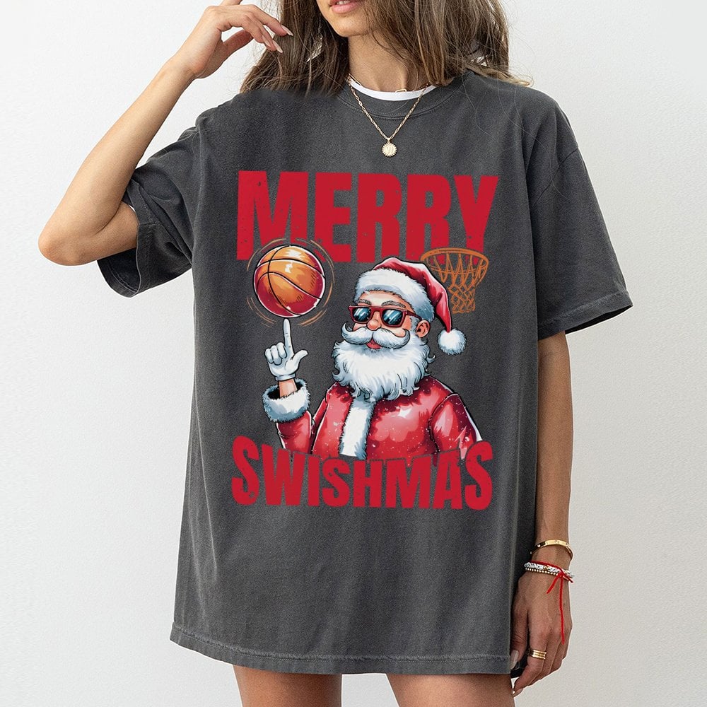 Retro Christmas Basketball Shirt, Merry Swishmas Basketball Santa T-Shirt, Humorous Holiday Sports Basketball Tee, Basketball