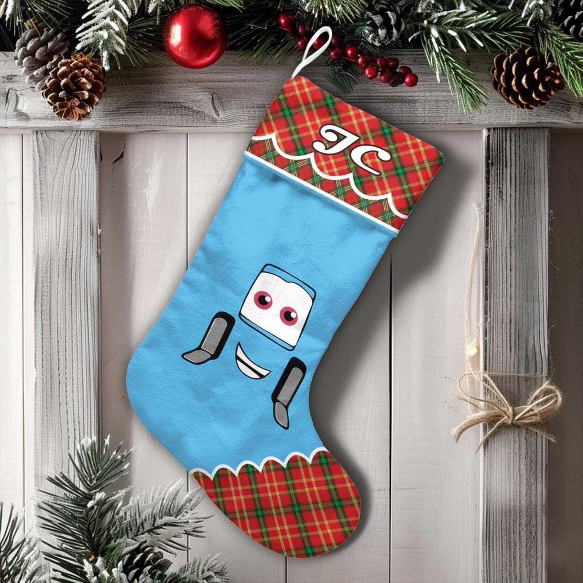 Personalized Plaid Christmas Stocking, Cartoon Car Christmas Stocking, Tartan Kids Holiday Stocking, Custom Name Christmas St