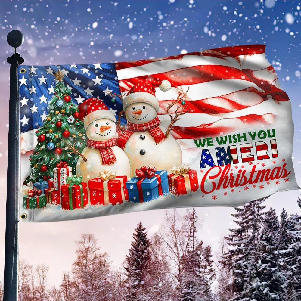 We Wish You Ameri Christmas Flag, Snowman Christmas House Flag, Patriotic Holiday Garden Flag, Double Sided Winter Yard Decor
