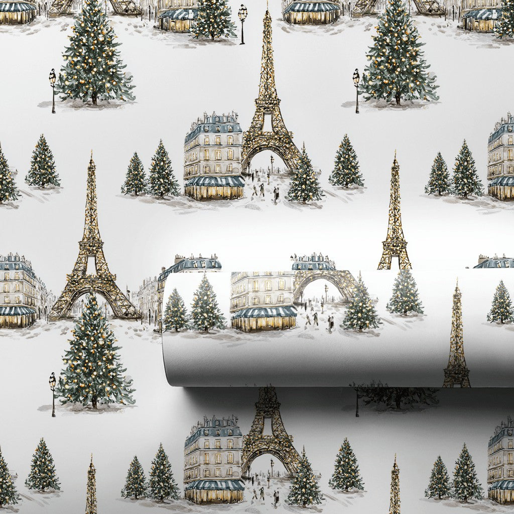 Snowy Eiffel Tower Gift Wrap, Paris Christmas Wrapping Paper, French Cityscape Holiday Wrapping Paper, Francophile Gift Wrapp