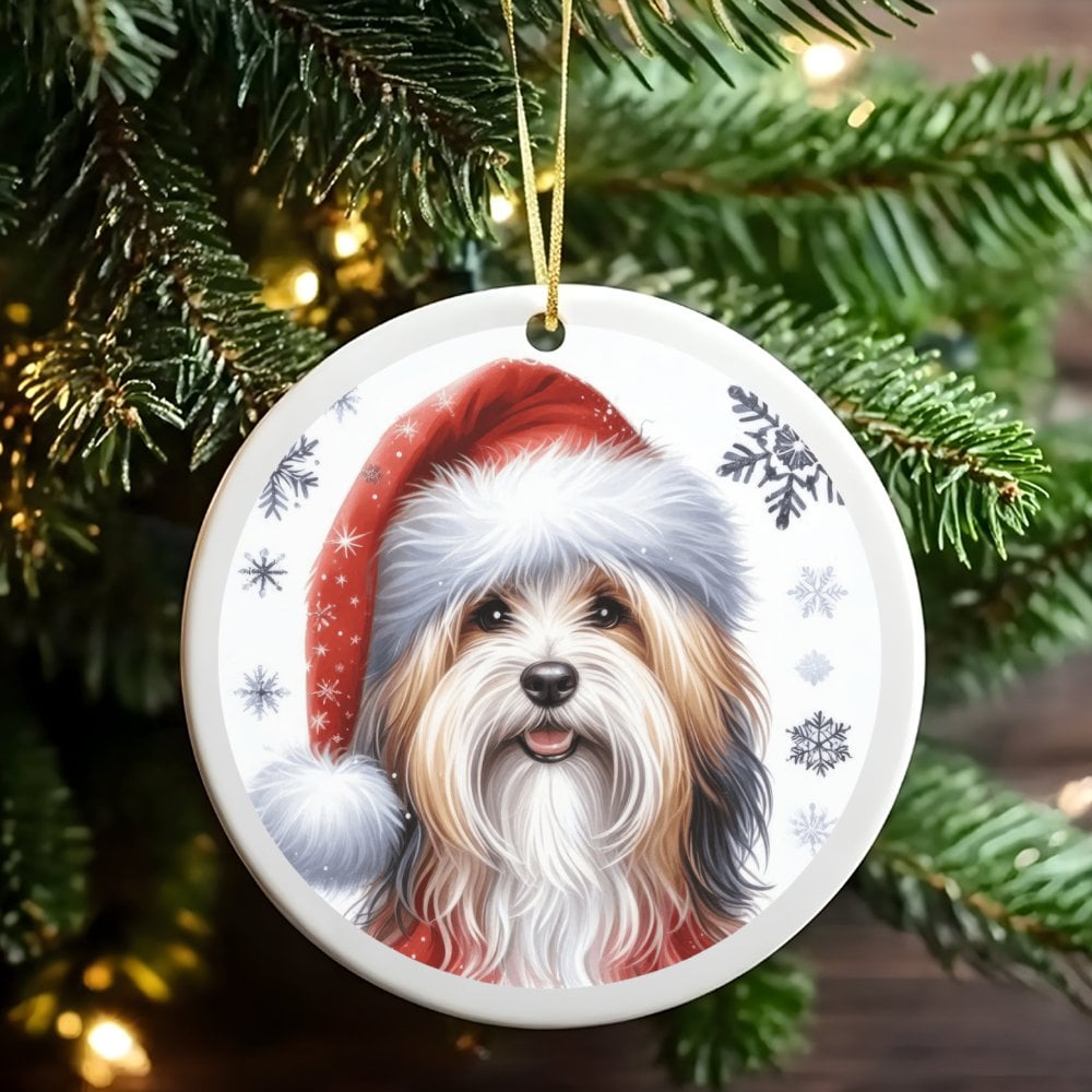 Adorable Puppy in Santa Hat Ceramic Ornament, Havanese Dog Christmas Ornament, Festive Havanese Tree Decor, Dog Lover Xmas Ke
