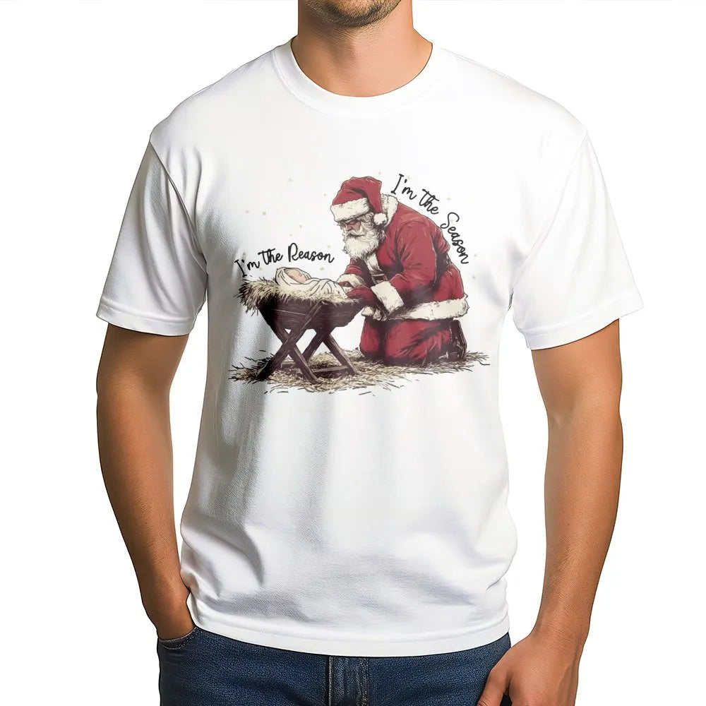 Reason for the Season Christmas Shirt, Santa Kneeling Before Baby Jesus T-Shirt, Christian Holiday Faith Tee, Believer Xmas P