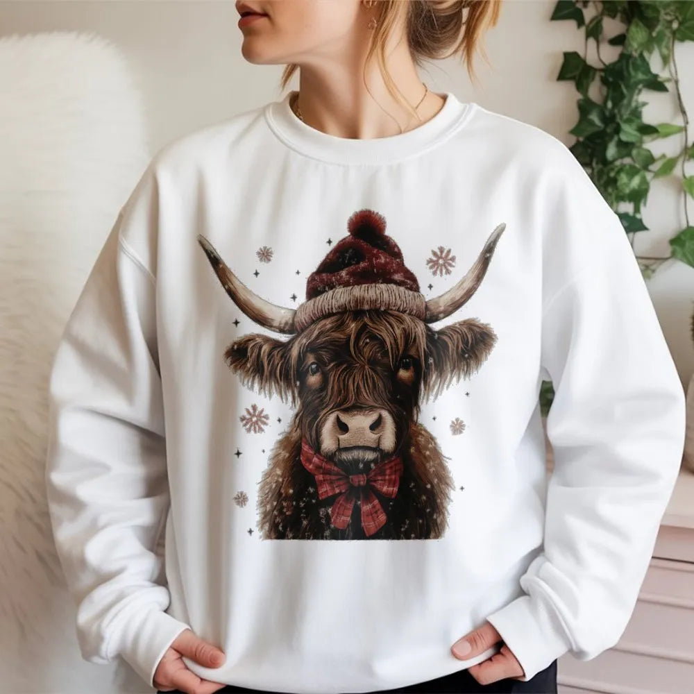Western Farmhouse Cow Santa Hat Crewneck, Highland Cow Christmas Sweatshirt, Rustic Country Holiday Pullover, Winter Animal S