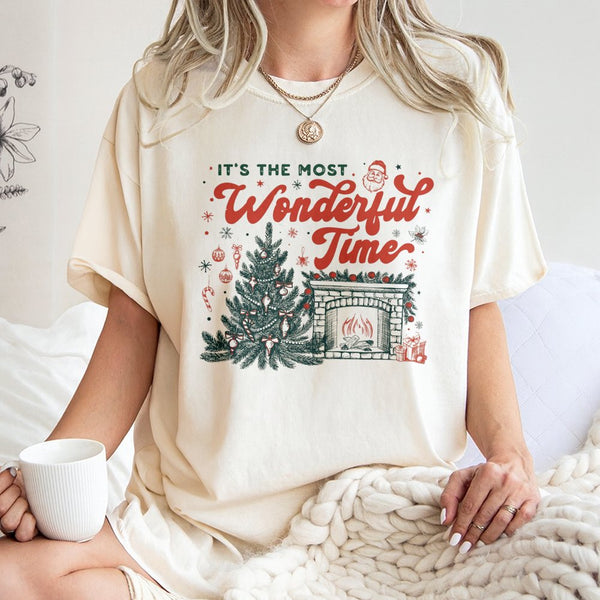 Vintage Christmas Tree Fireplace Tee, Its the Most Wonderful Time T-Shirt, Comfy Holiday Nostalgia Graphic Shirt, Festive Xma