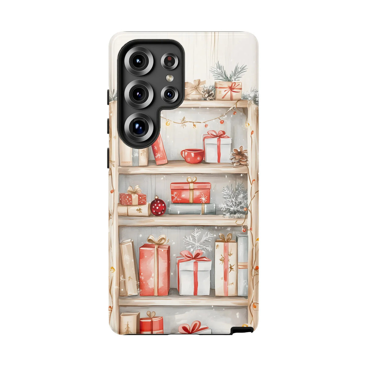 Watercolor Holiday Presents Phone Case, Christmas Shelf Phone Case Samsung Galaxy, Festive Ornaments Tough Phone Cover, Xmas 