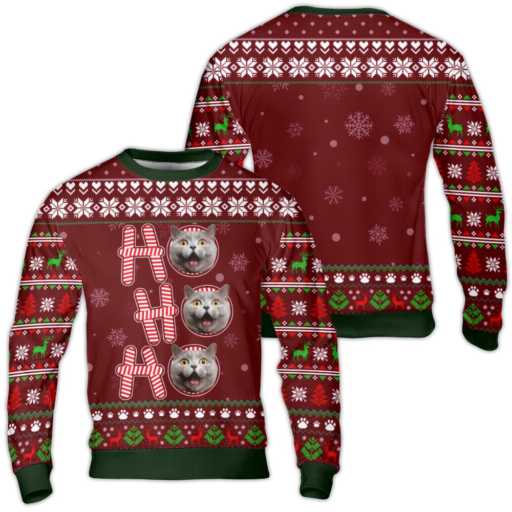 Custom Pet Photo Christmas Sweater, Custom Cat Ugly Sweater, Ho Ho Ho Cat Lover Holiday Sweater, Humorous Xmas Sweatshirt, Pr