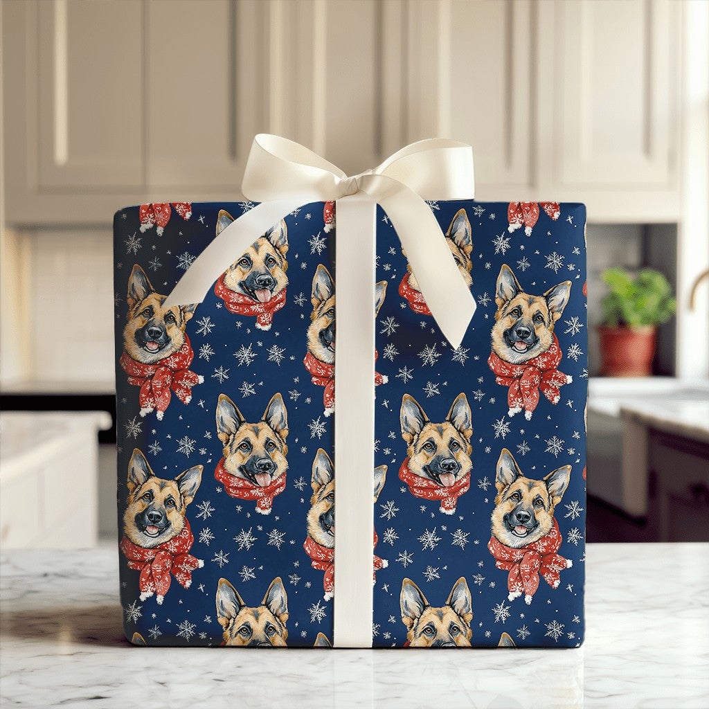 Winter Dog Gift Wrap, German Shepherd Christmas Wrapping Paper, Red Scarf Snowflake Wrapping Paper, Holiday Dog Lover Gift Wr