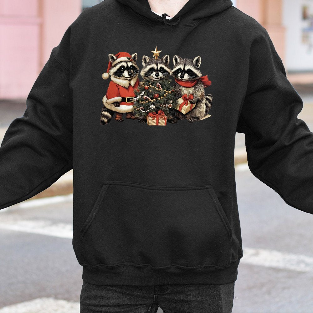 Adorable Holiday Forest Animal Sweatshirt, Christmas Raccoon Hoodie, Retro Winter Wildlife Graphic Hoodie, Festive Animal Lov