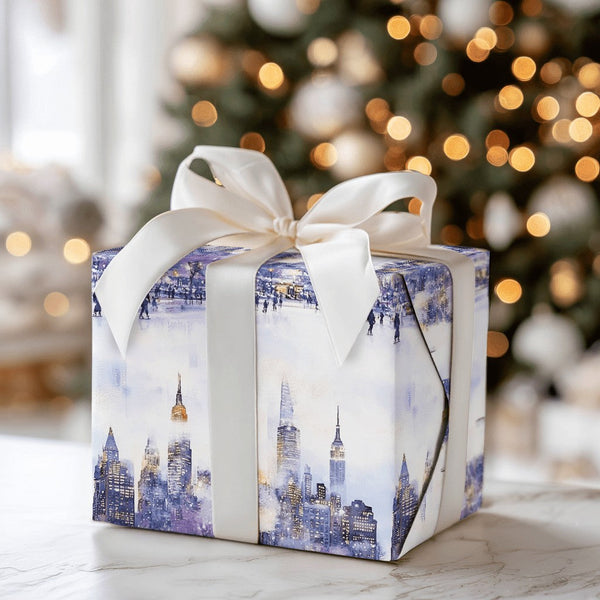 Snowy Ice Skating Park Gift Wrap, New York City Wrapping Paper, NYC Skyline Christmas Wrapping Paper, Watercolor Winter City 