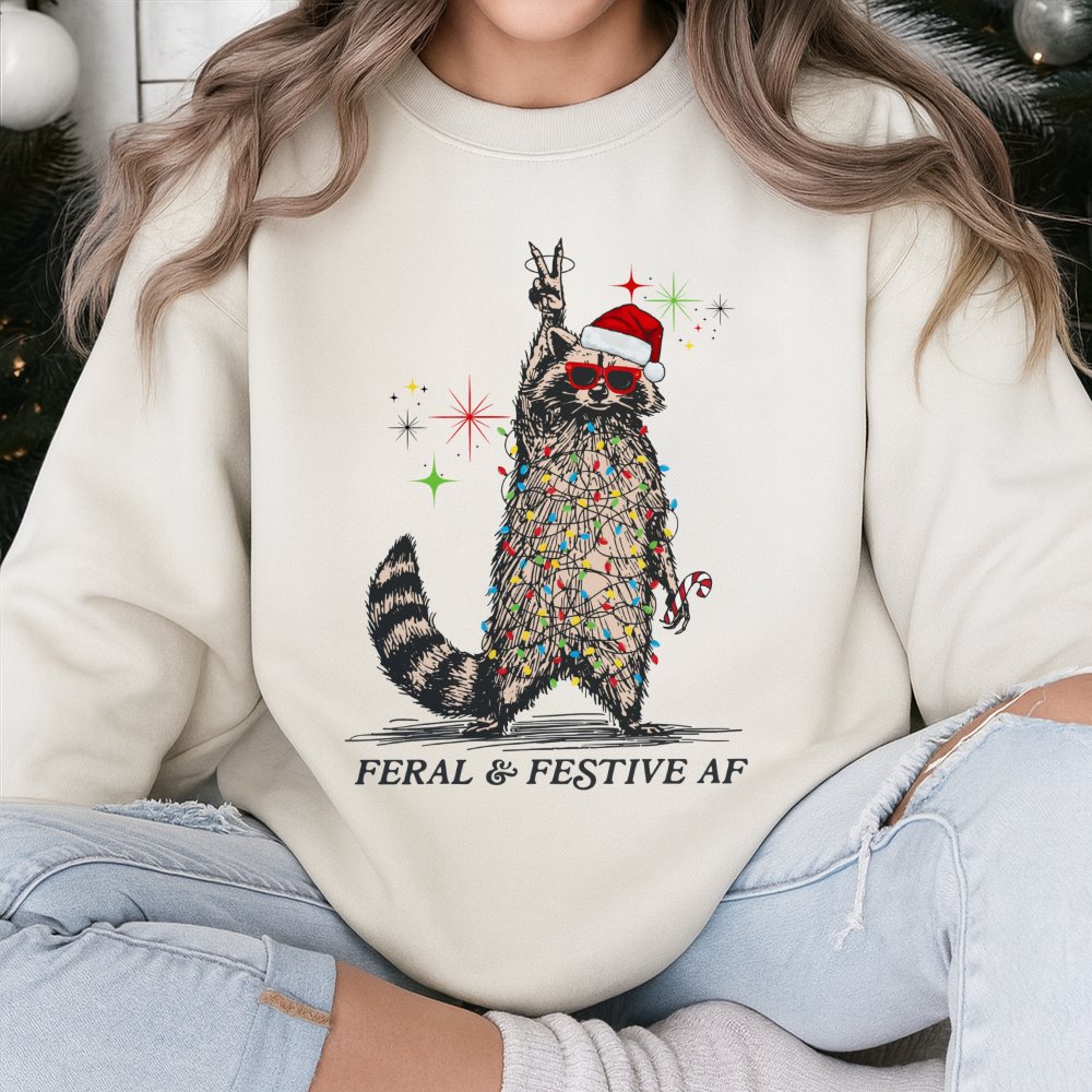 Tangled Lights Holiday Crewneck, Feral and Festive Raccoon Christmas Sweatshirt, Humorous Animal Xmas Pullover, Ugly Christma