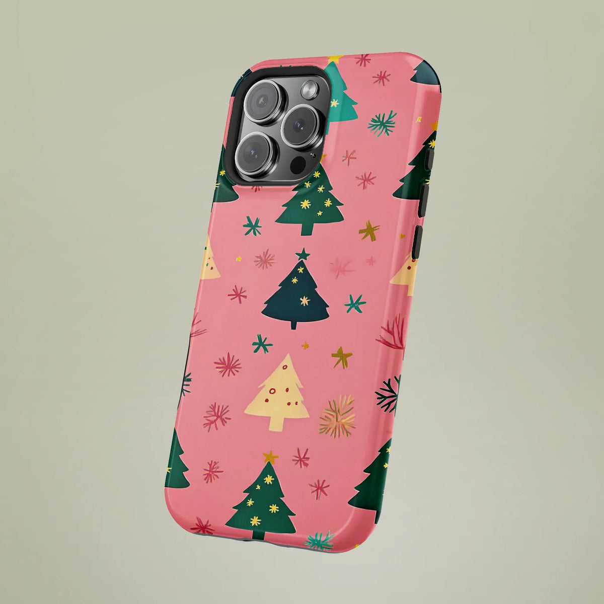 Whimsical Holiday Snowflake Pattern Case, Pink Christmas Tree Phone Case for iPhone, Girly Xmas Tough Phone Cover, Festive Pr