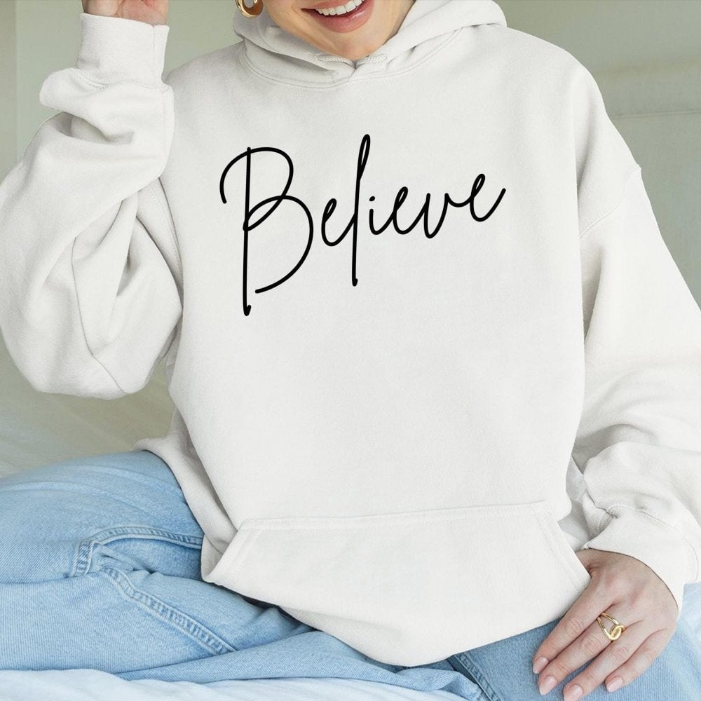 Minimalist Cursive Holiday Script Sweatshirt, Believe Christmas Hoodie, Winter Festive Polar Express Pullover, Comfy Xmas Hoo