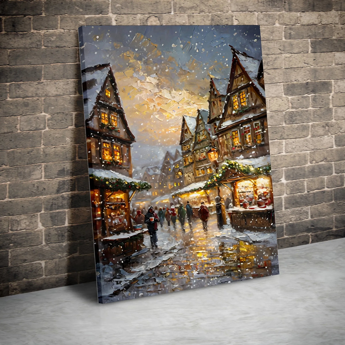 European Village Canvas Art, Snowy Christmas Market Wall Art, Winter Street Scene Digital Download, Festive Holiday Printable