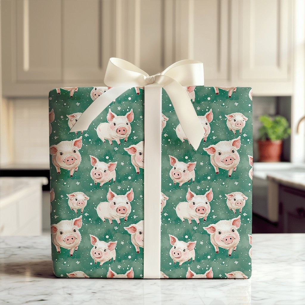 Adorable Watercolor Piglet Gift Wrap, Winter Pig Christmas Wrapping Paper, Dark Green Animal Wrapping Paper, Whimsical Holida