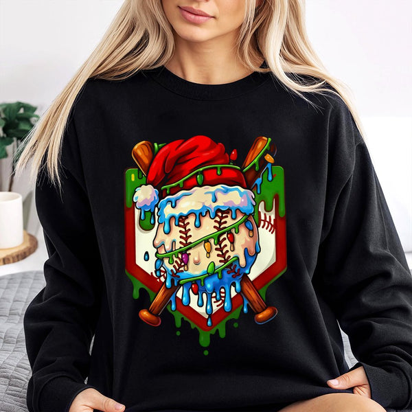 Drip Santa Hat Graphic Sweater, Christmas Baseball Sweatshirt, Holiday Baseball Player Crewneck, Festive Sports Fan Xmas Pull