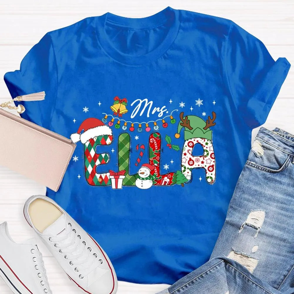 Custom Name Holiday Lights Tee, Personalized Christmas Snowman T-Shirt, Adorable Winter Xmas Shirt, Matching Family Christmas
