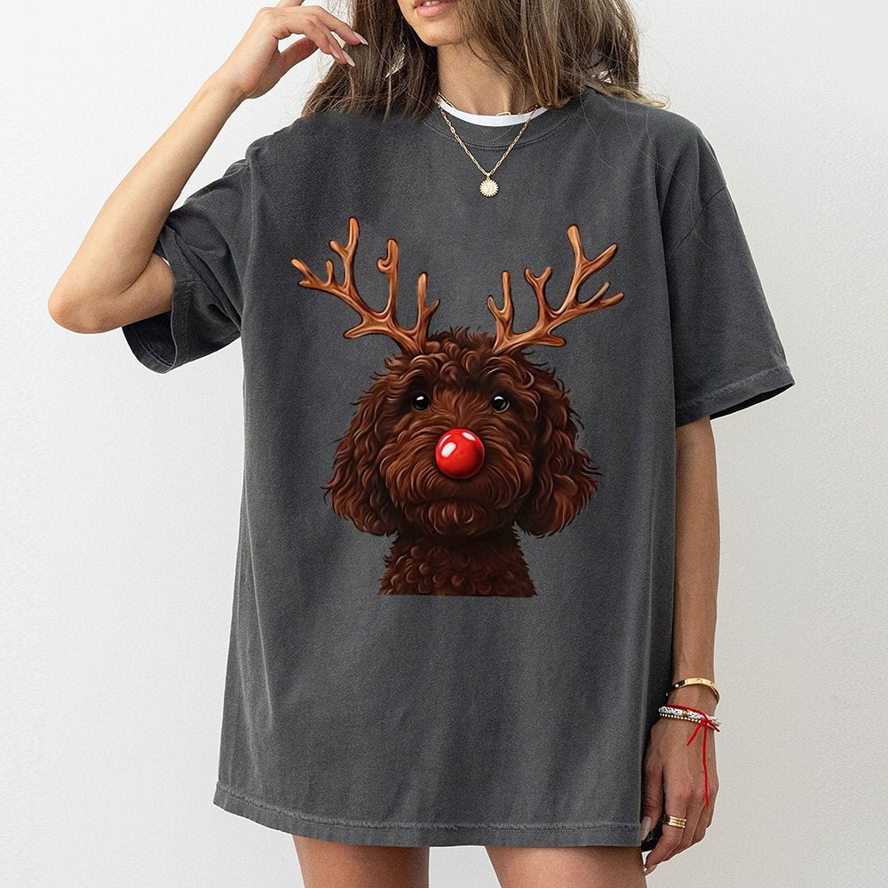 Humorous Holiday Dog Shirt, Chocolate Doodle Reindeer T-Shirt, Labradoodle Christmas Tee, Adorable Pet Lover Graphic T-Shirt,