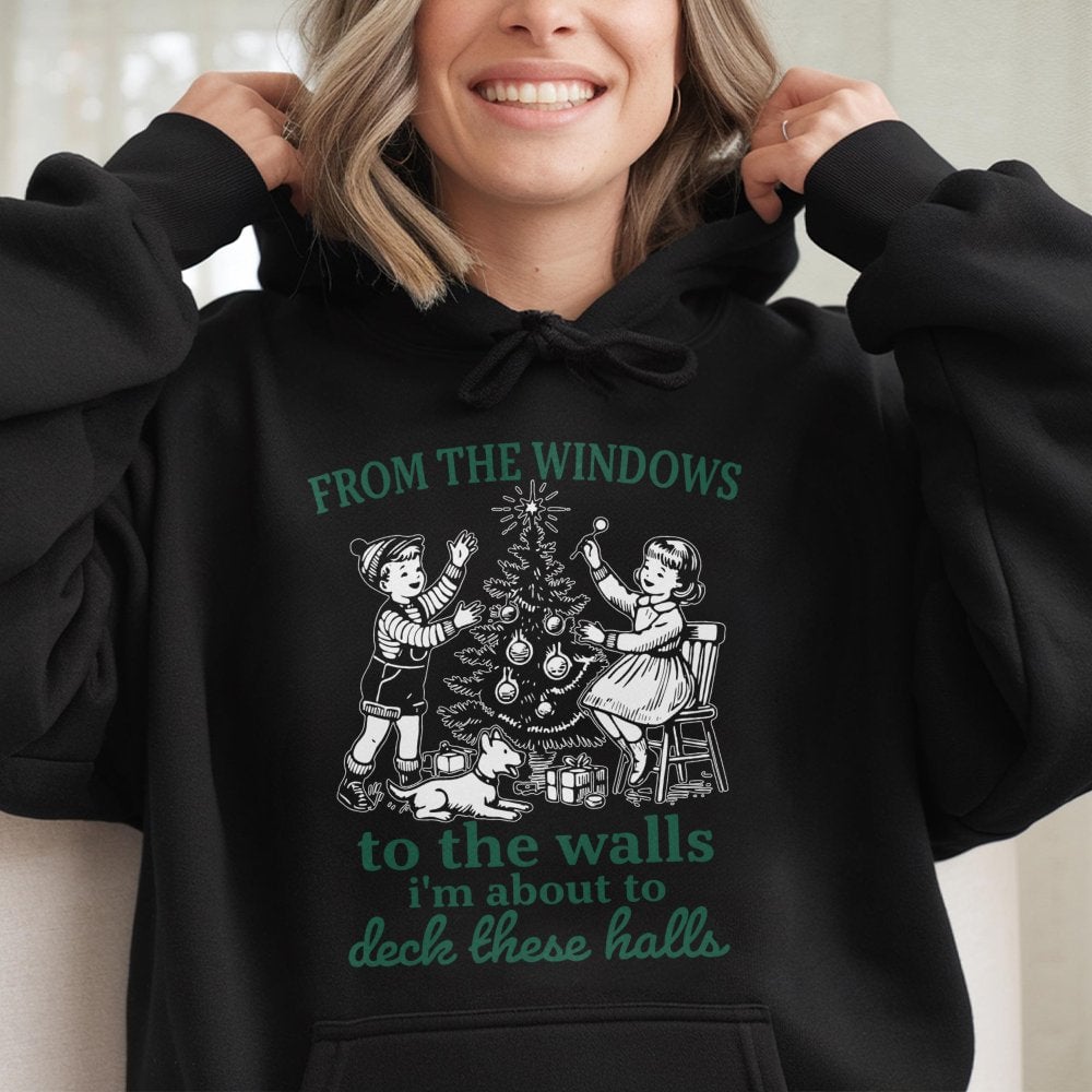 Hip Hop Holiday Pun Sweatshirt, Deck the Halls Rap Humorous Christmas Hoodie, Retro Xmas Party Hooded Pullover, Ugly Christma