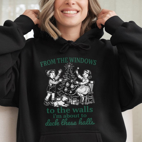 Hip Hop Holiday Pun Sweatshirt, Deck the Halls Rap Humorous Christmas Hoodie, Retro Xmas Party Hooded Pullover, Ugly Christma