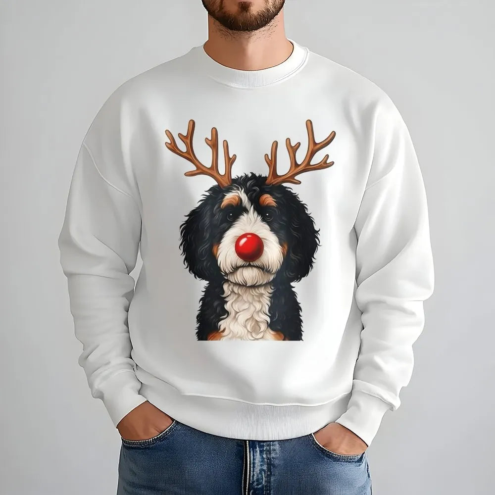 Humorous Reindeer Dog Sweatshirt, Bernadoodle Christmas Sweatshirt, Holiday Bernedoodle Crewneck, Comfy Dog Lover Xmas Graphi