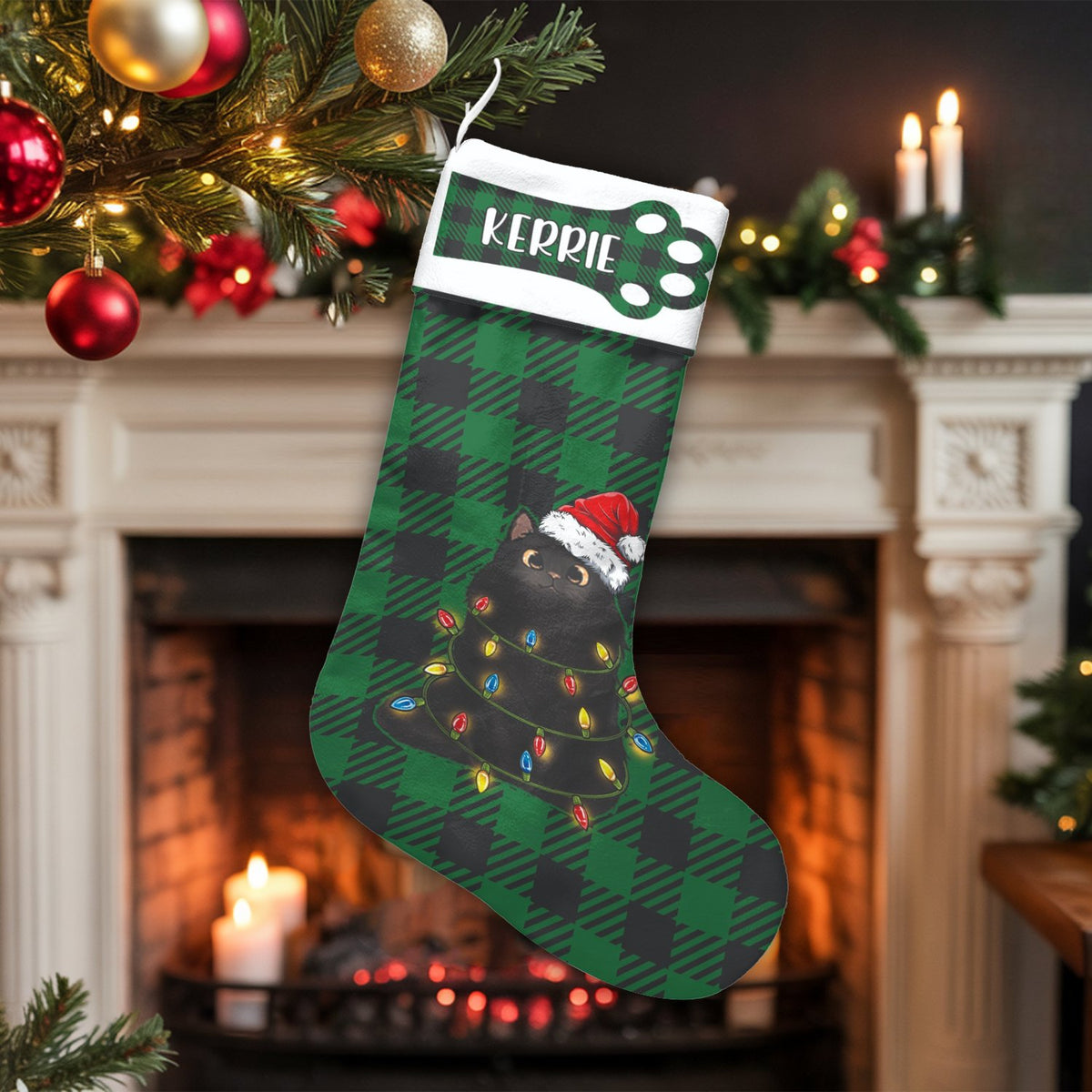 Green Plaid Cat Holiday Stocking, Personalized Black Cat Christmas Stocking, Custom Pet Christmas Stocking, Velboa Kitten Xma