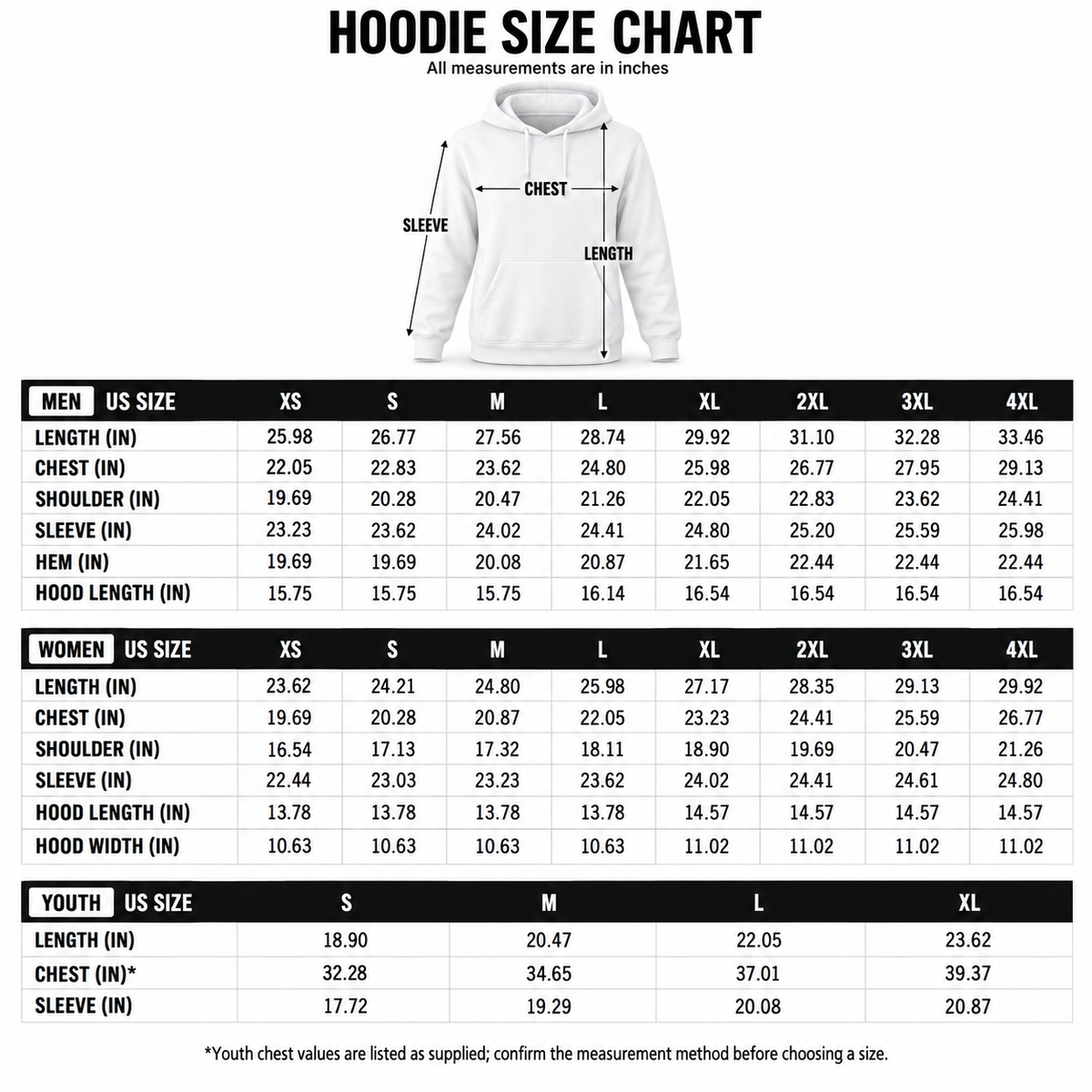 Hoodie size guide - measurements in inches