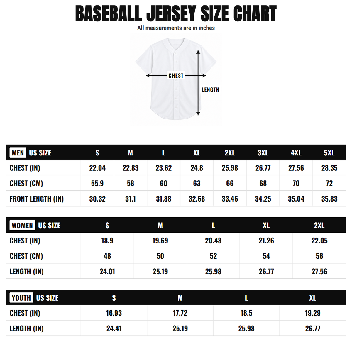 Custom Black White-Red Authentic Baseball Jersey size chart (women + youth)