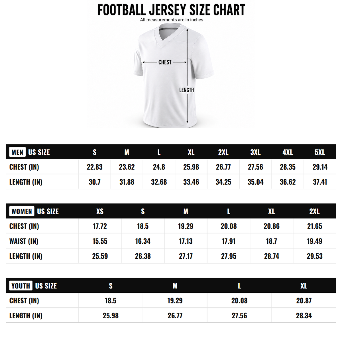 Texas Longhorns Custom Football Game Jersey - Texas Orange size chart (women + youth)