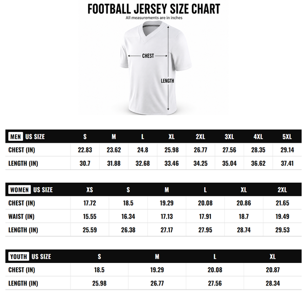 Custom Midnight Green Black-White Drift Fashion Football Jersey size chart (women + youth)