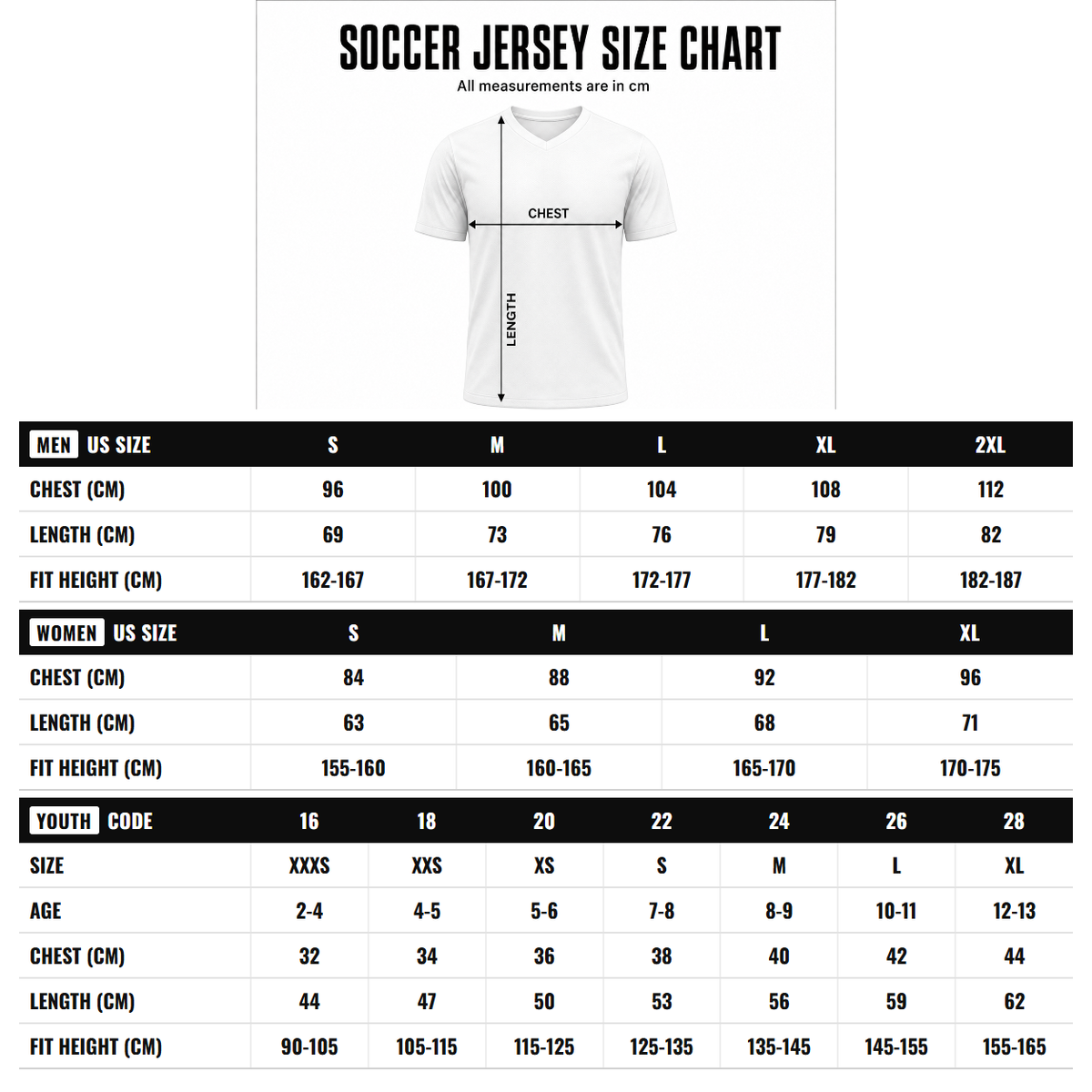 Custom White Red Sublimation Soccer Uniform Jersey size chart (women + youth)